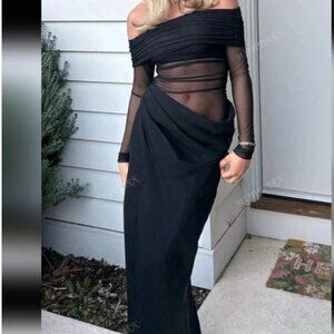 Long gown dress black off the sholder sexy fitted new transparent mesh material